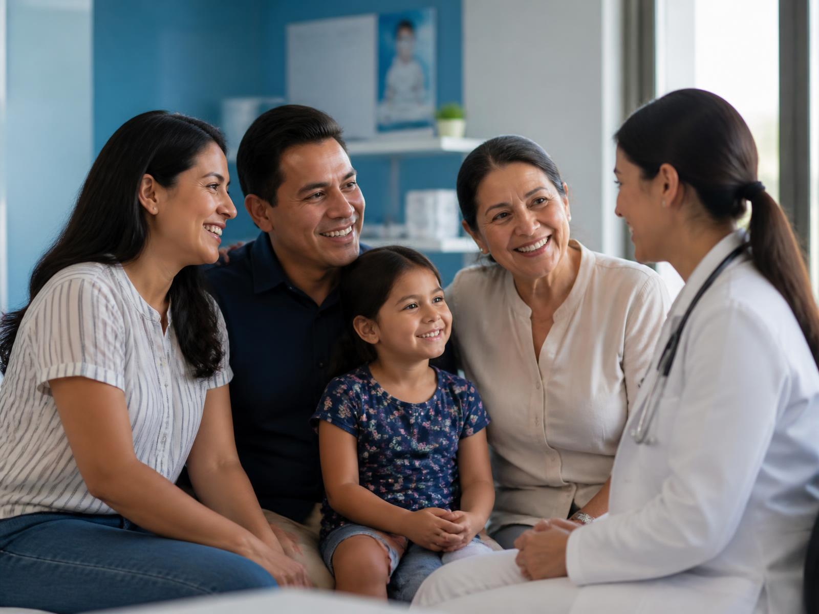 Familia hispana conversando con una doctora en una clínica familiar de San Antonio